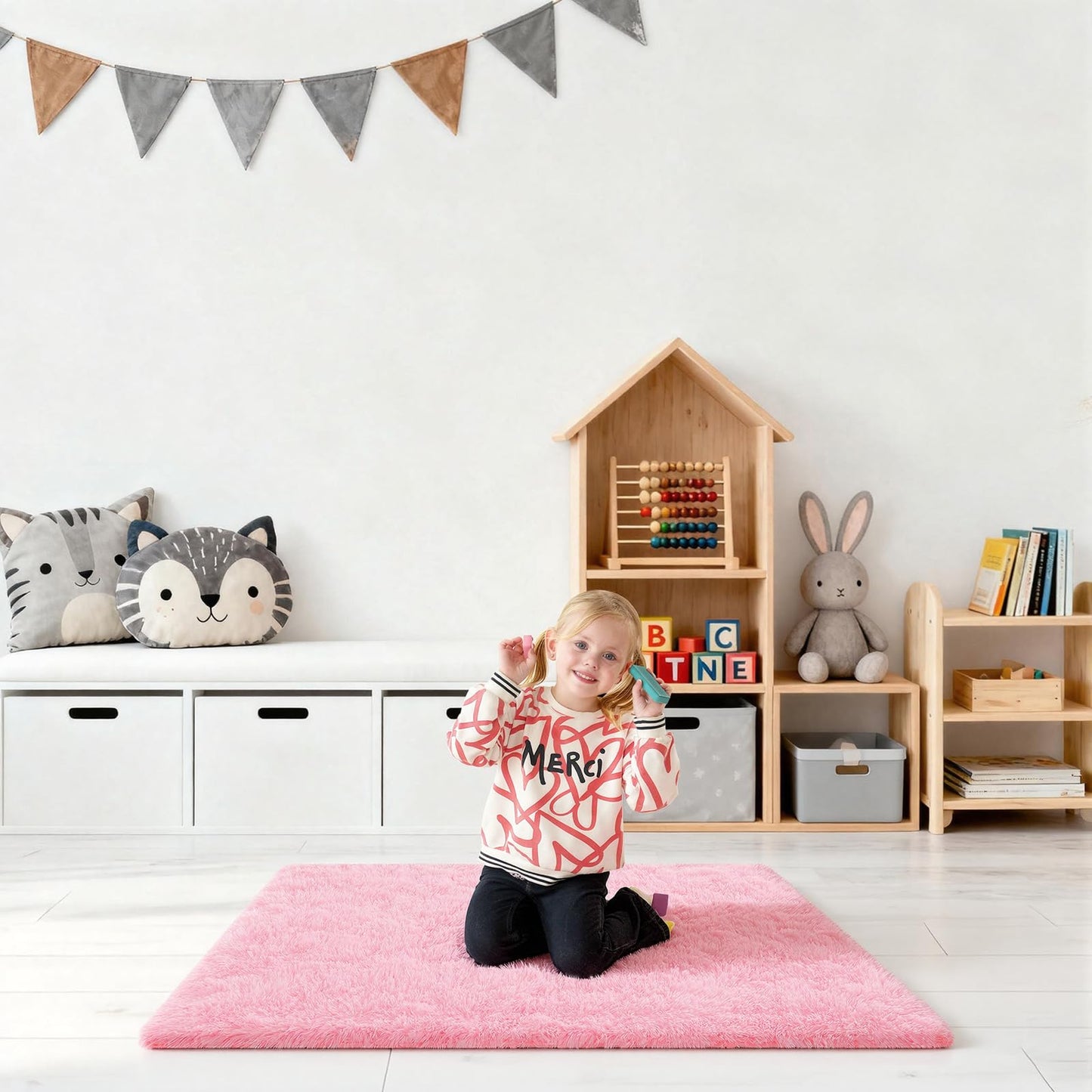 Ehayx Pink Rug for Bedroom, 2x3 Fluffy Area Rugs for Living Room, Small Fuzzy Shag Soft Carpet with 4 Non-Slip Adhesive Strips for Kids Boys and Girls Nursery Dorm Room Home Decor (2ft X 3ft)
