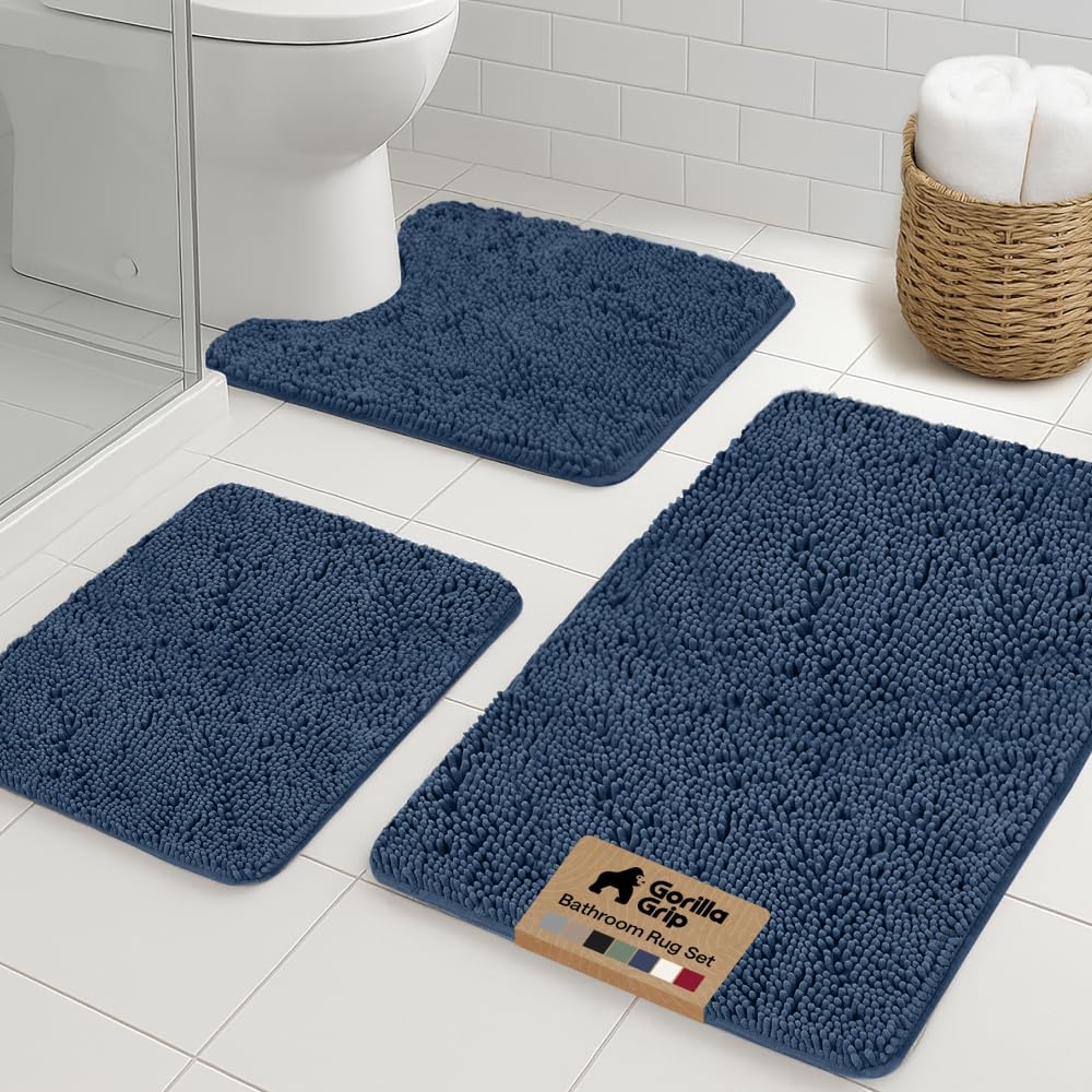 GORILLA GRIP Bathroom Rug Sets 3 Piece, Bath Mat Set and Oval Toilet Base with Rubber Backing, Plush Absorbent Shaggy Chenille Washable Mats, Includes 24x19.5, 24x17 and 30x20 Inch Rugs, Navy