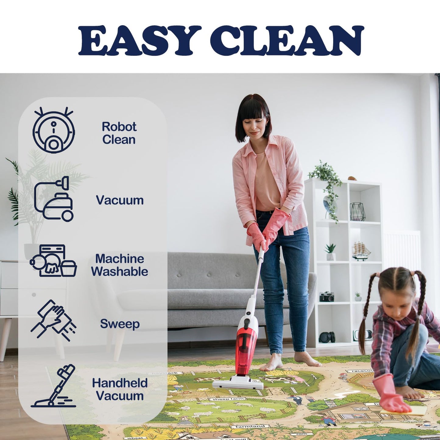 Nayoroom Kids Farm Adventure Play Rug,5x7ft Non-Slip Faux Wool Carpet with Interactive English Words, Educational Travel Map Design for Playroom, Bedroom, Nursery Gift