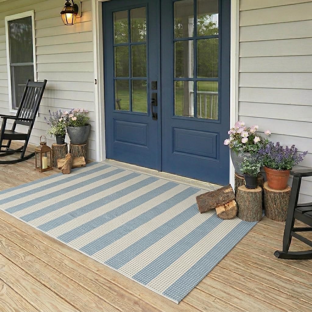LEEVAN Striped Outdoor Rug 4x6, Washable Front Porch Rug, Spring Plaid Door Mats Outside Entrance, Blue White and Tan Entryway Floor Mat, Buffalo Woven Patio Layered Mat for Entrance/Deck/Camping