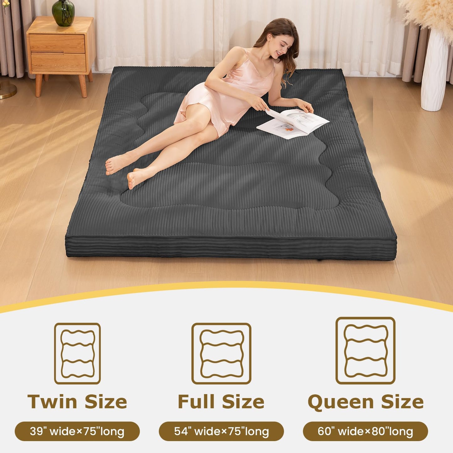 NLDD Futon Mattress Queen Size, 4" Thicken Japanese Futon Mattress Sleeping Pad, Corduroy Foldable Floor Mattress, Roll Up Tatami Mat for Adults Guest Room Bedroom, Grey