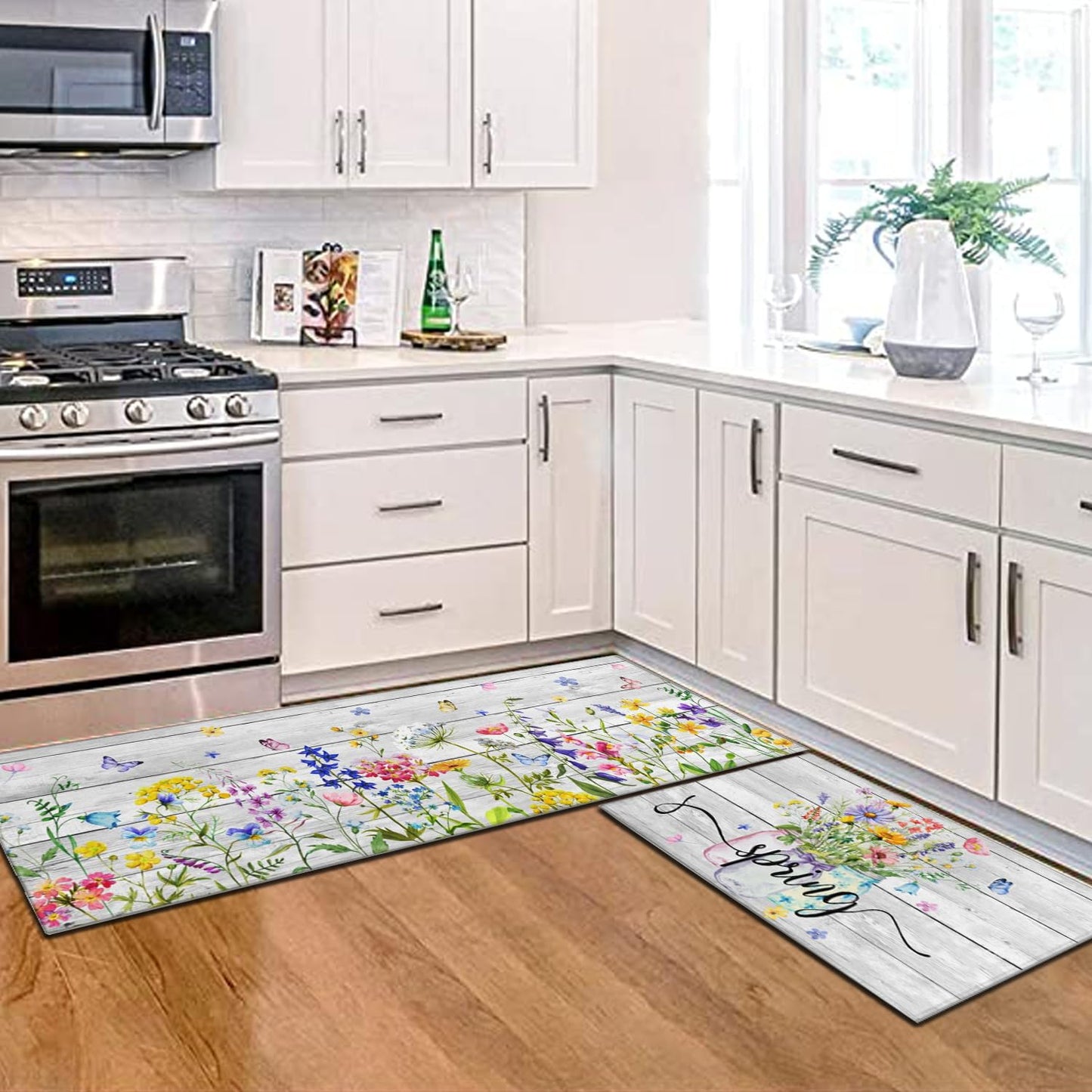 Twyt decor Spring Kitchen Rug Set of 2,Non-Slip Washable Kitchen Mats,Wood Grain Floral Kitchen Mats,Spring and Summer Holiday Decorations for Home Kitchen,17x30+17x47 Inch