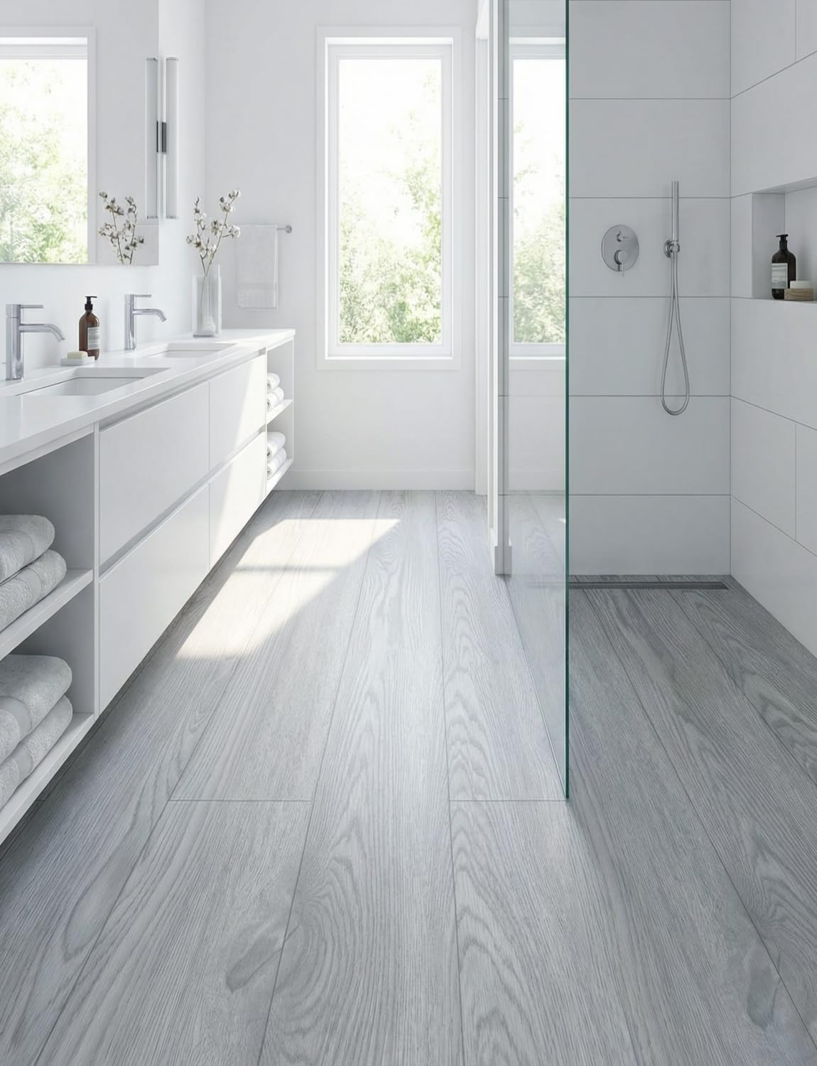 2 Rolls 23.6''x10FT Vinyl Flooring Roll 38.75 sq.ft: Peel and Stick Floor Tiles Self-Adhesive Durable Waterproof Wood Grain Large Plank for Living Room, Bedroom, Bathroom(Paleish Grey‌, 23.6''x10FT)