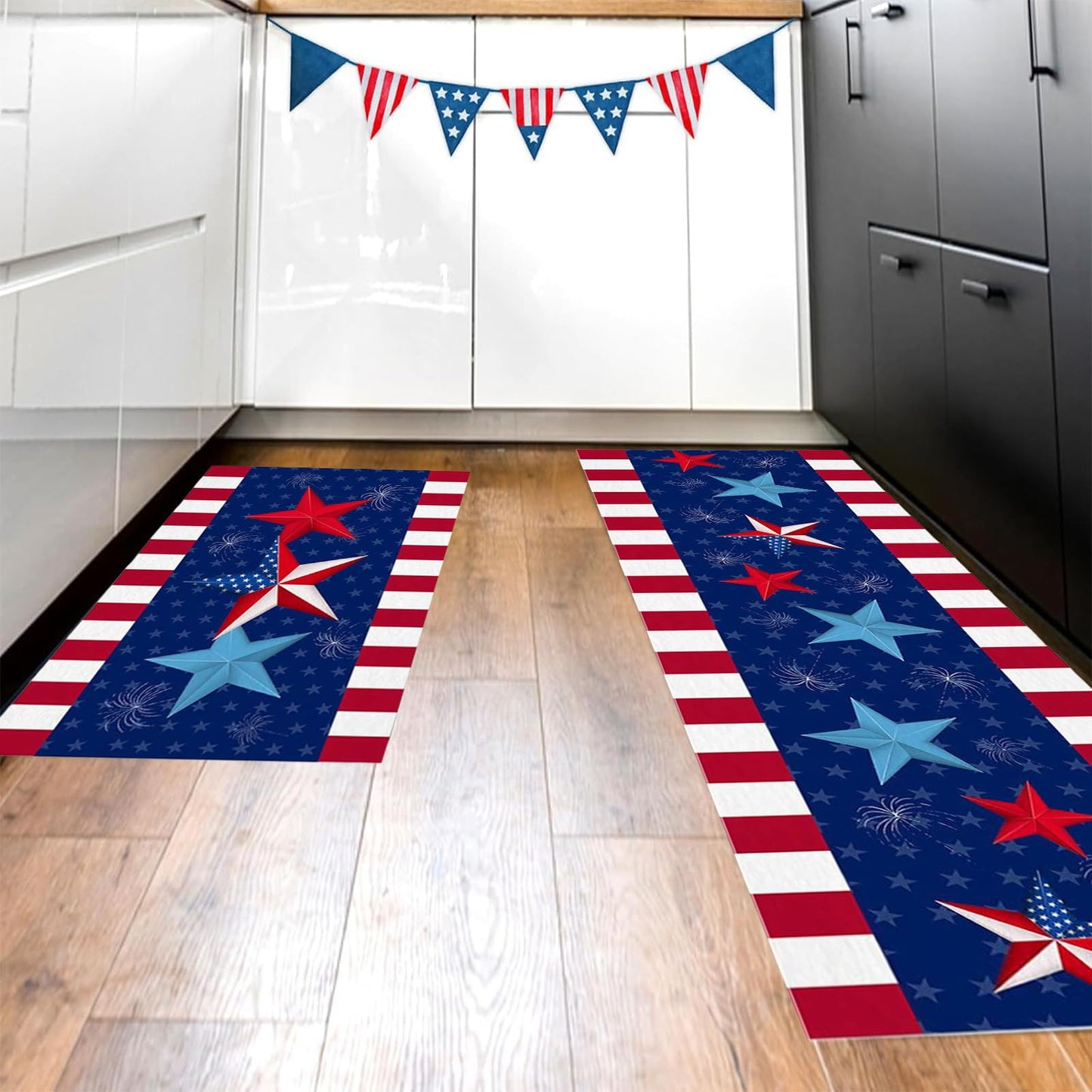 simplmasygenix 2PCS 4th of July Patriotic Kitchen Rugs, Red, White and Blue Stars and Stripes American Flag Floor Mats Washable Non-Slip Runner Rugs for Farmhouse Independence Day Decor (#2)