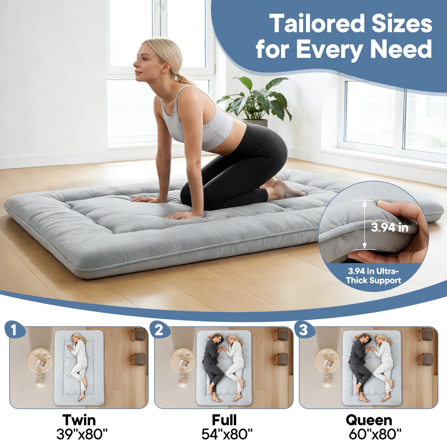 DUMOS Japanese Floor Mattress Twin Size, Futon Mattress Foldable with Removable Washable Cover, Portable Roll Up Tatami Mat for Kids Room, Dorm, Sleepovers and Solo Sleeper, Gray