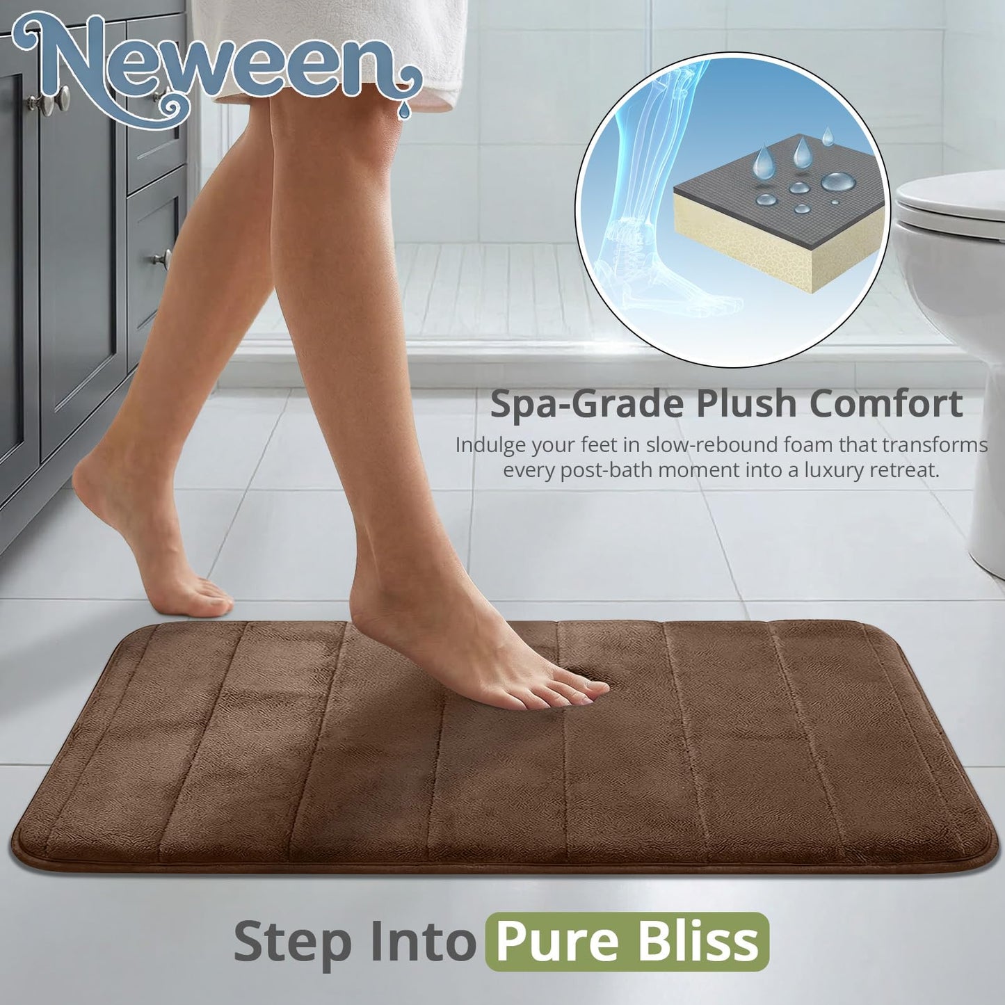 Neween Bathroom Rugs Set 3 Piece, Extra Soft Absorbent Non Slip Memory Foam Bath Mat Set, Thick & Quick Dry Washable Bath Rugs Bathroom Carpet Contour Toliet Mats for Floor, Tub, Shower (Brown)