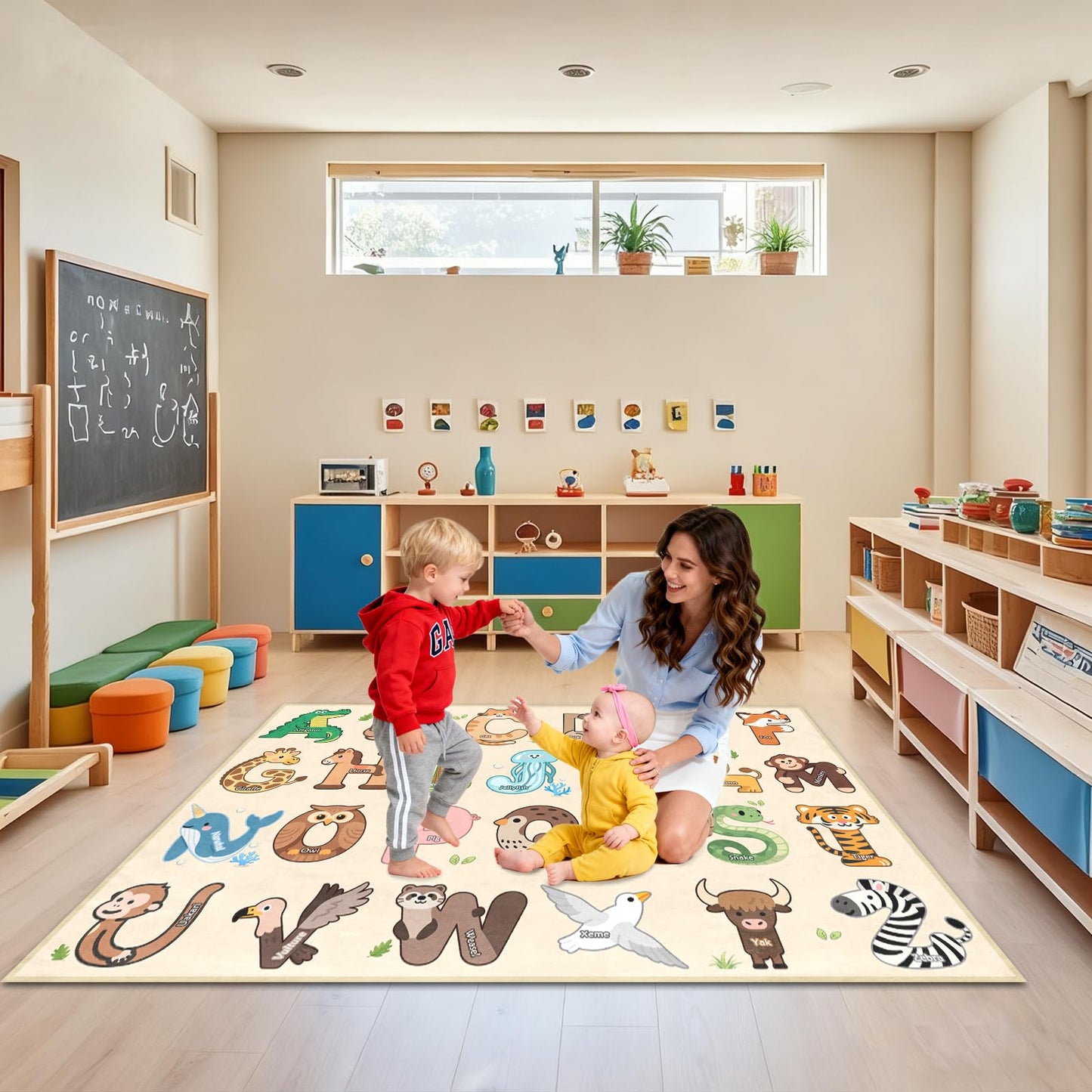 ABC Rugs for Kids Playroom - 4.5x6 Feet Alphabet Rug Kids Play Carpet Preschool Learning Animals, Educational Rug for Children Toddler Bedroom Nursery Kindergarten Decor, Beige