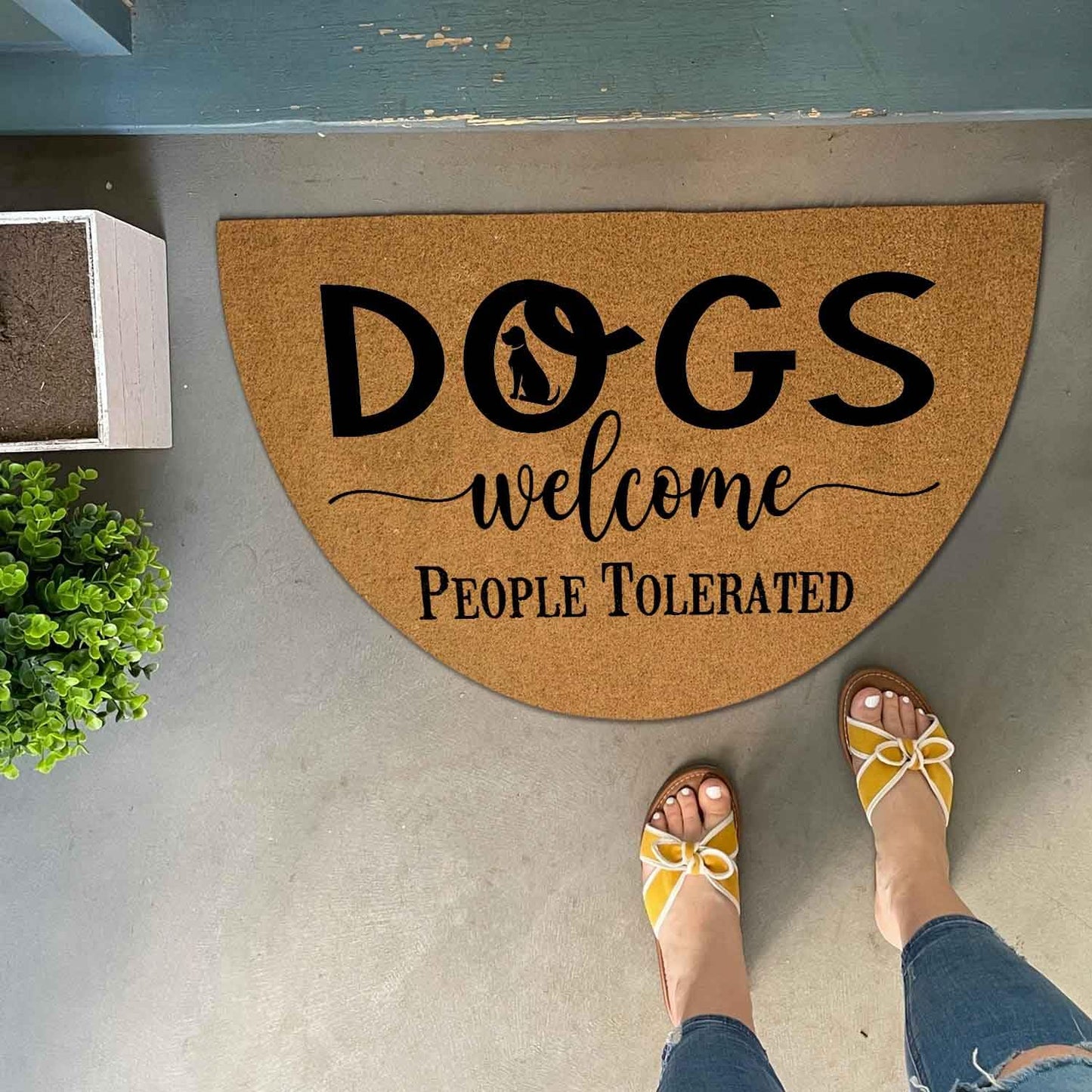 Funny Dog Half Round Doormat, Dogs Welcome People Tolerated Welcome Mat, 29.5"x17" Faux Coir Entryway Rug, Low Profile Non-Slip Outdoor Indoor Floor Carpet for Pet Lovers