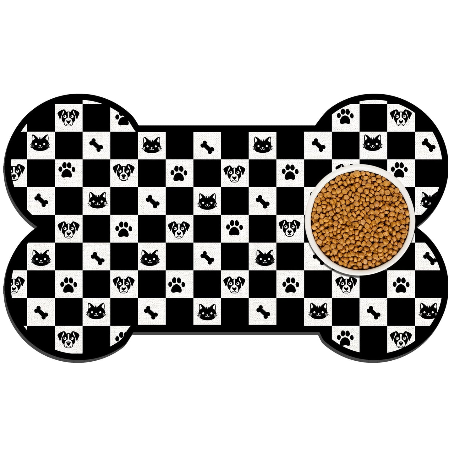 Pet Dog Cat Food Mat, Absorbent Bone Shaped Dog Bowl Mats for Food and Water, Non Slip Cute Footprint Dogs Cat Placemats Feeding Mat for Floors Puppy Pet Accessories Supplies 12"x20" Black White