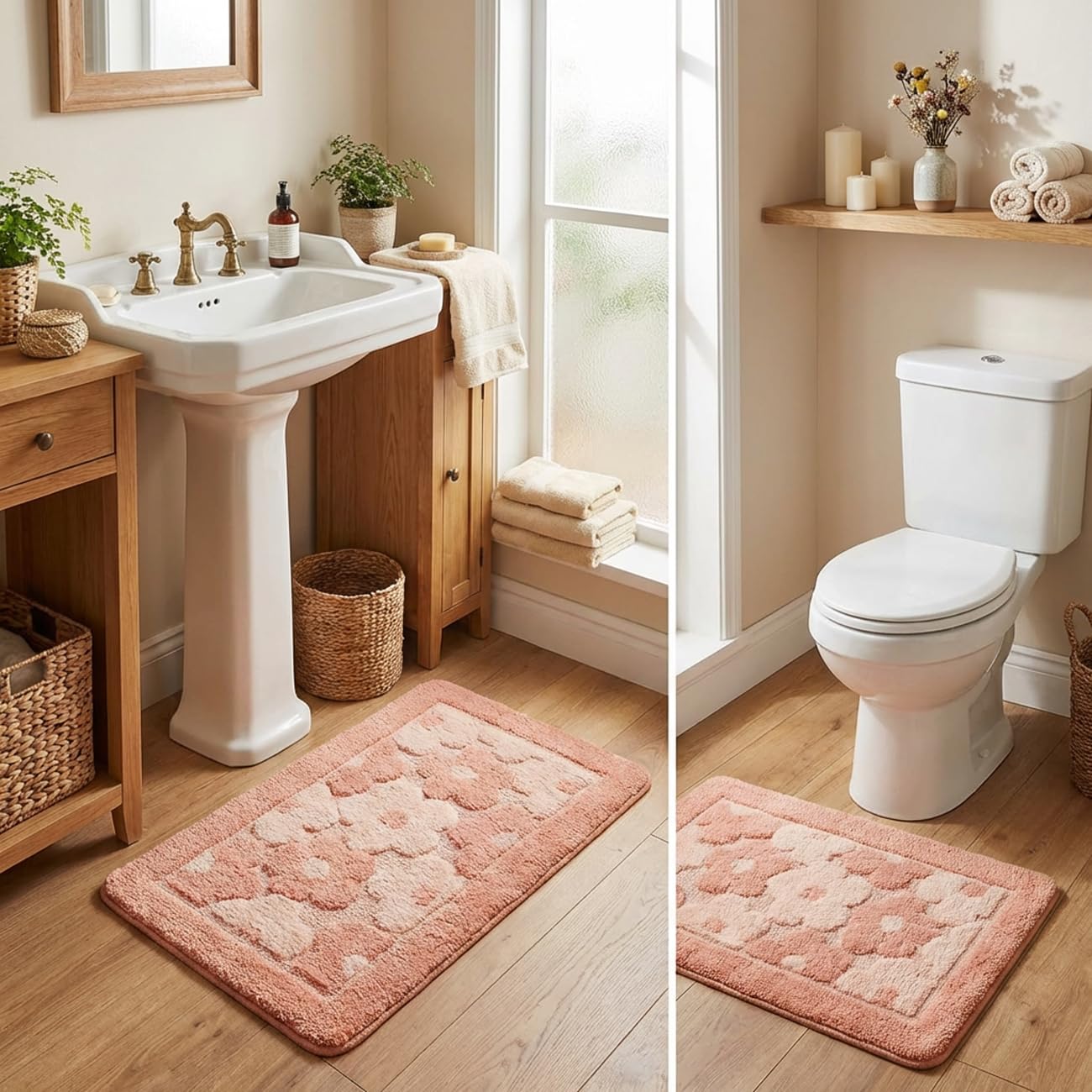 Pink Flower Bath Mat Cute Bathroom Rugs Lovely Shower Bathtub Mat Microfiber Soft Welcome Doormat Non-Slip TPR Backing Shower Rug Plush Shaggy Bath Carpet, 20x32