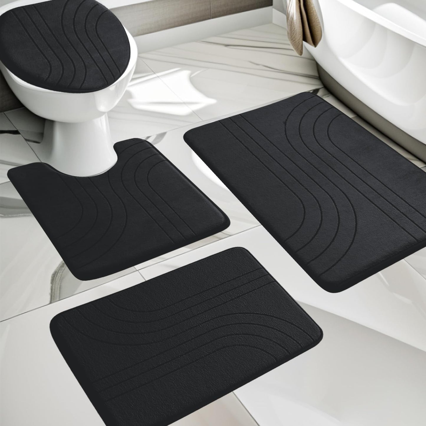 YIHOUSE Memory Foam Bathroom Rugs Set 4 Pieces, Soft Non Slip Bathroom Mats Set, Extra Thick Bath Mats for Bath Room, Machine Washable Bath Rugs for Tub, Toilet and Floor (Black)