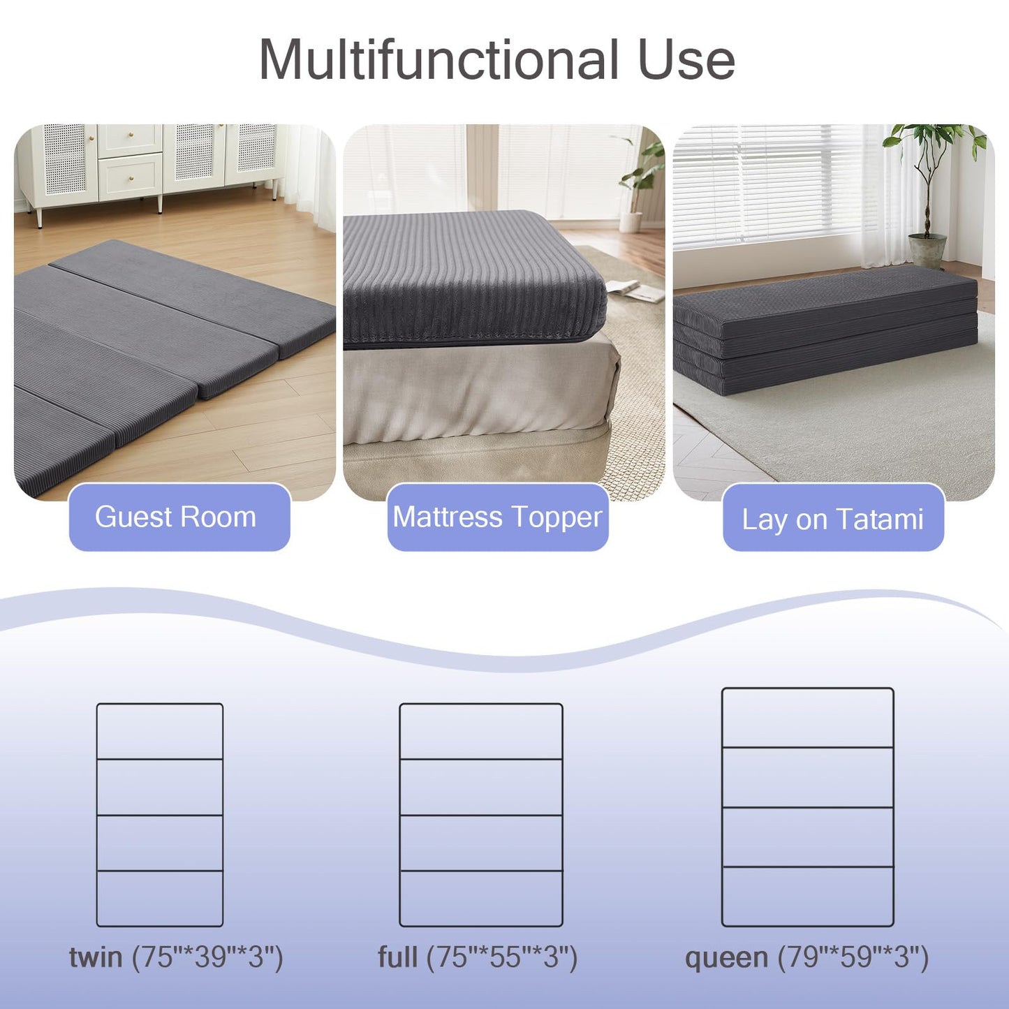 MeMoreCool Folding Foam Futon Mattress Queen, Foldable Japanese Floor Mattress, Sleeping Mat Pad for Adults Guests Sleepovers, 3 in Thick Tatami Mat Portable Shikibuton, Dark Grey
