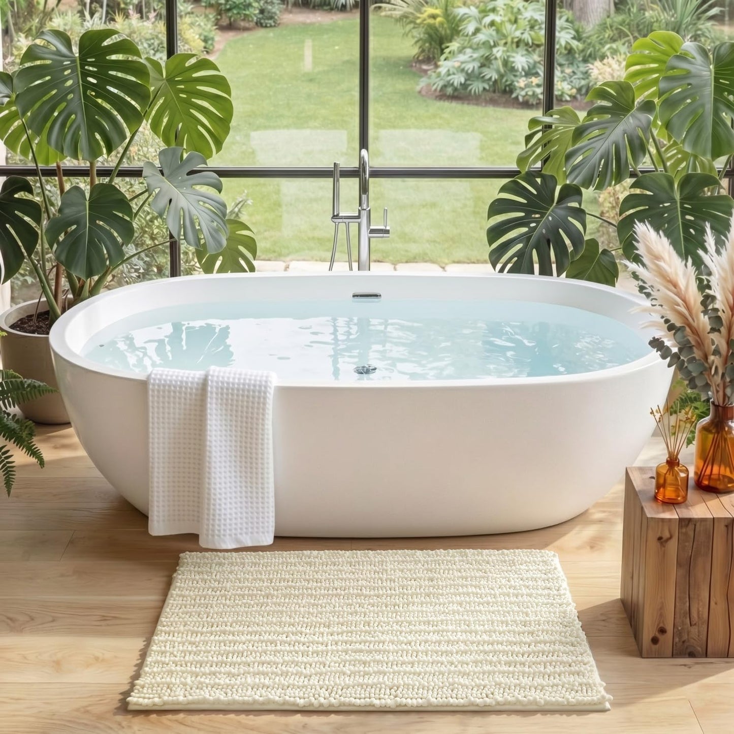 DEXI Bathroom Rugs 24x43, Super Soft Thick Chenille Absorbent Bath Mat, Non Slip Machine Washable Fluffy Shag Bathmat for Tub, Shower Floor, Ivory