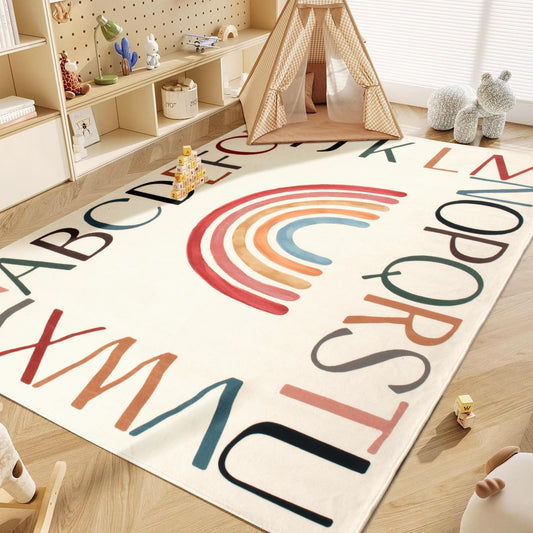 Truqual Nursery Rug Round Rainbow Classroom Rug Elementary, Non-Slip Rainbow Rug for Girls Room, Extra Large Learning Carpet for Kids Playroom, Circle Play Mat for Toddlers
