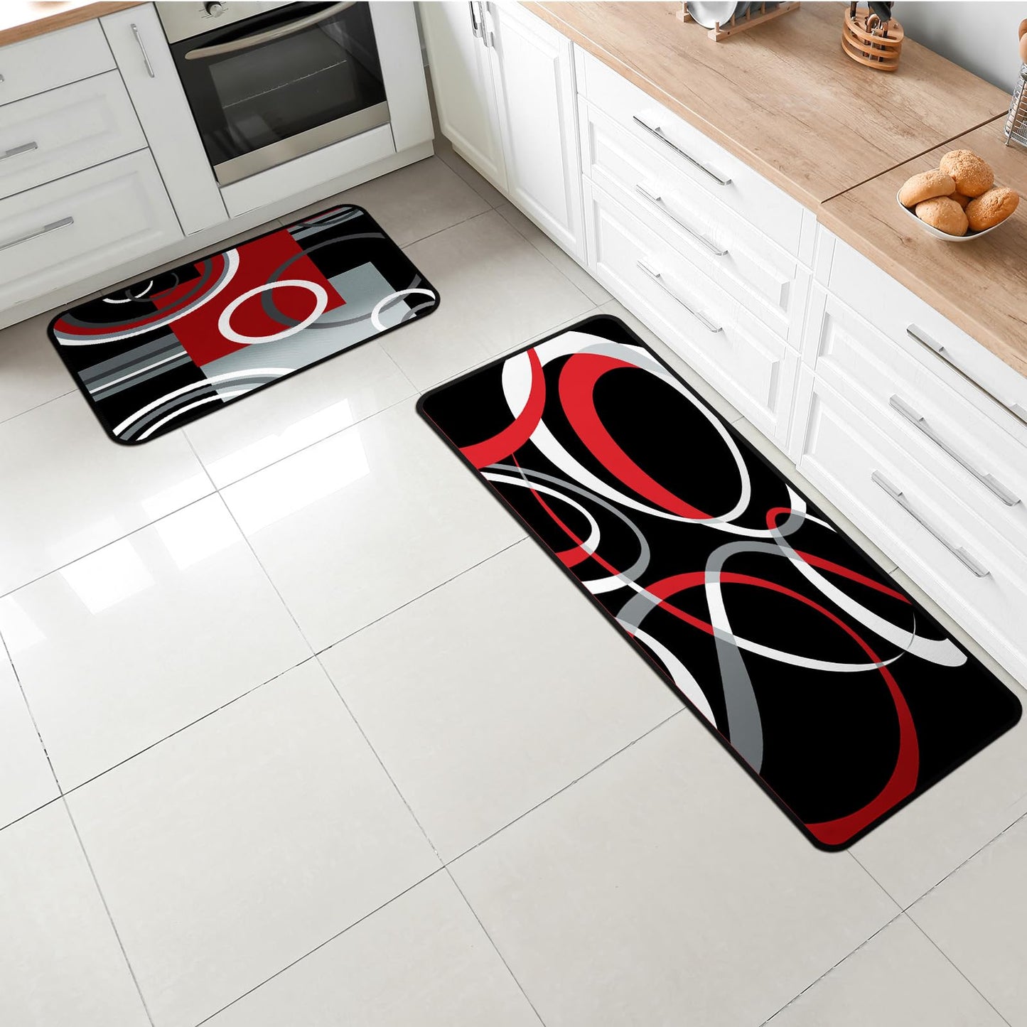 Maasechs 3 Pcs Red Black Geometric Kitchen Rugs and Mats Set Anti Fatigue Floor Mat Non Slip Washable Modern Abstract Runner Rug Minimalist Kitchen Decor for Home Office Bathroom, 17 x 30 +17 x47