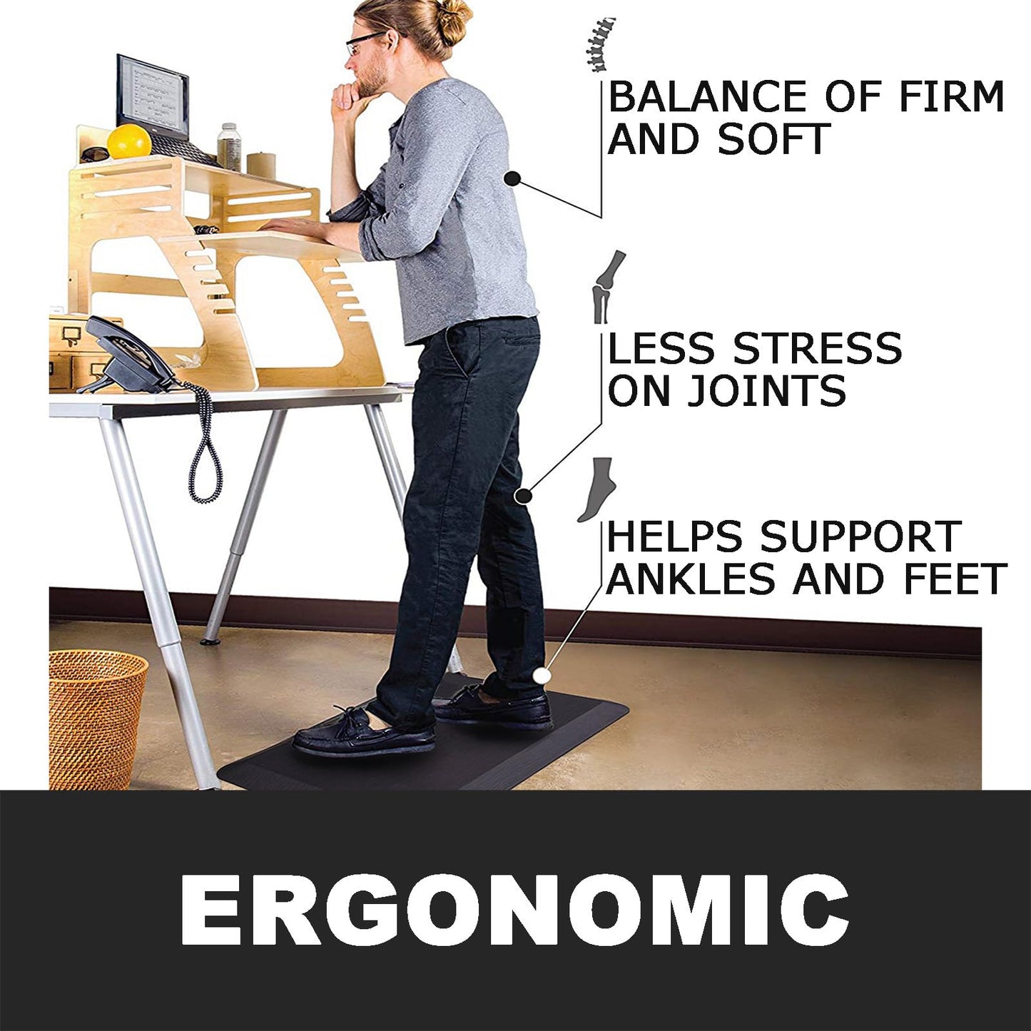 1" Extra Thick Anti Fatigue Kitchen Floor Mat Comfort Standing Mat 17'' x 30'', Office Standing Desk Mat, Kitchen Rug, Massage Points Comfort Mat, 140D PU Foam (Black)