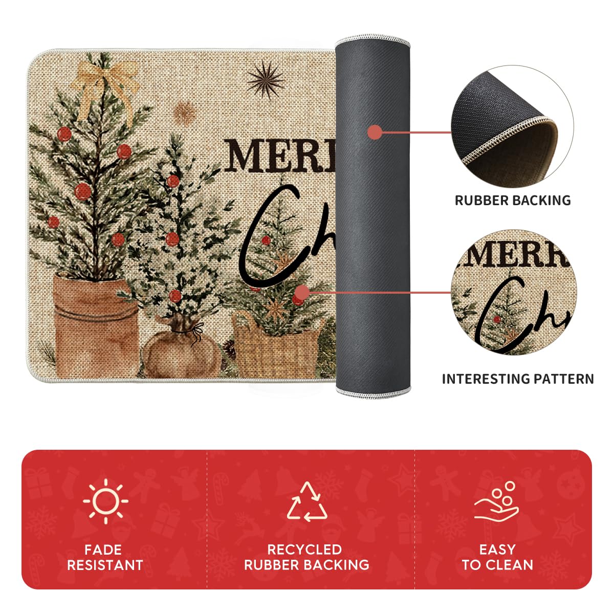 Artoid Mode Holly Ornament Merry Christmas Kitchen Mats Set of 2, Winter Home Decor Low-Profile Kitchen Rugs for Floor - 17x29 and 17x47 Inch