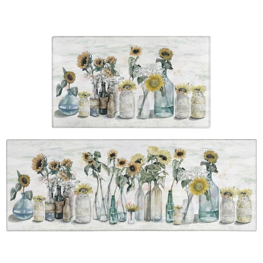 Xsinufn Sunflower Farmhouse Kitchen Rugs Set of 2,Colorful Spring Summer Flowers Kitchen Rugs and Mats Non Skid Washable,Farmhouse Kitchen Runner Rugs with Rubber Backing (17"x48"+17"x30")