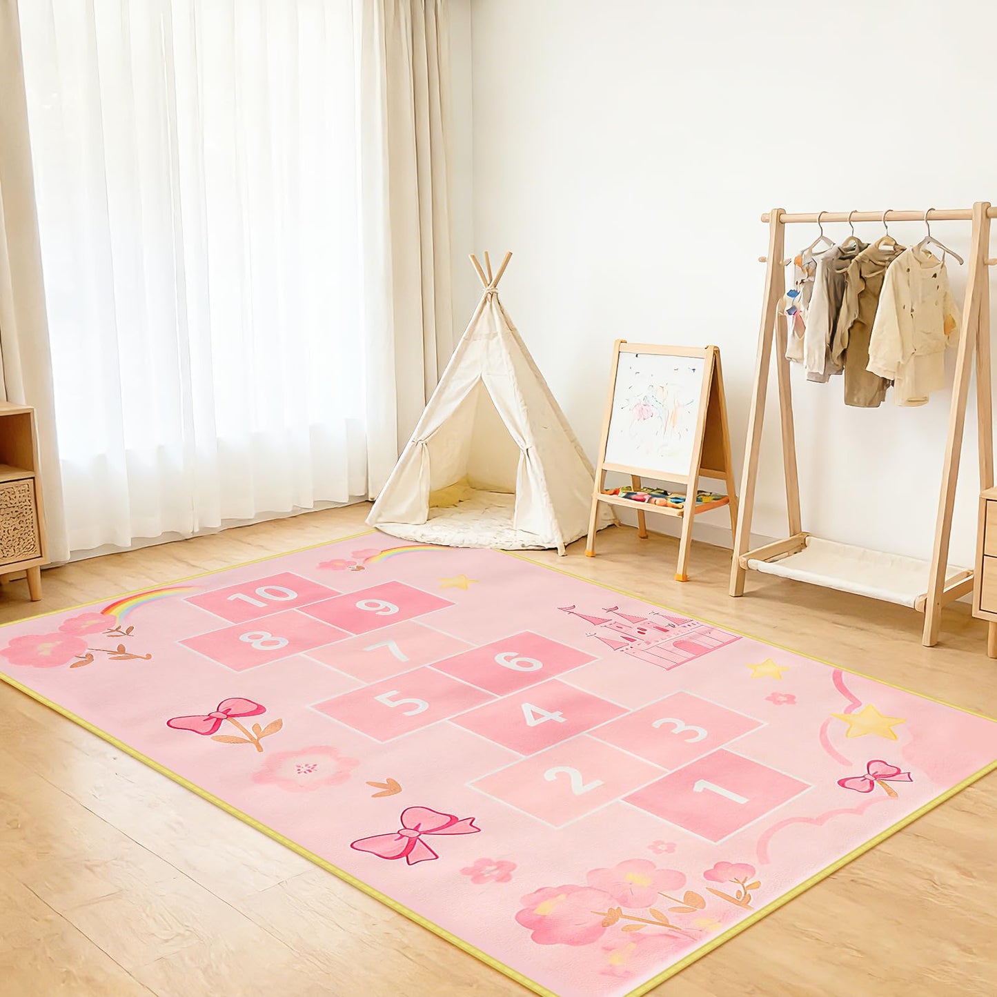JinKune Area Rug Kids Rug 4'x 6', Hop and Count Hopscotch Rug for Kids, Pink Fantasy Castle Themed Non-Slip Washable Play Carpet, Educational Number Game Mat for Girl's Bedroom Playroom Classroom