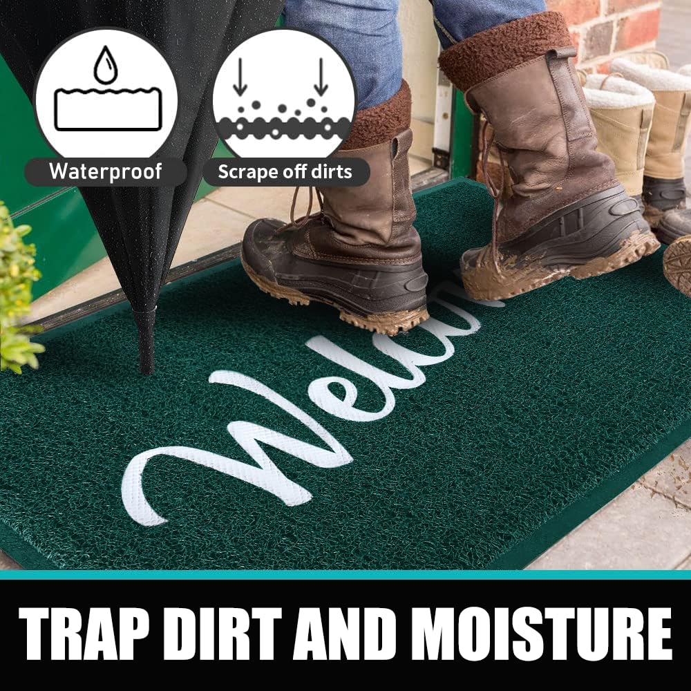 T.HENV Welcome Mat Outdoor Indoor, 32x20 100% Waterproof Front Door Mat Outside Entrance, All-Weather Quick Dry Doormat, Low Profile Patio Proch Entryway Mat, Non Slip, Easy Clean, Green-White