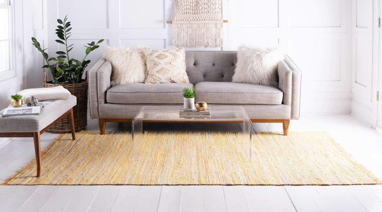 Unique Loom Chindi Cotton Collection Soft Hand Woven Natural Fiber Striped Area Rug, 8 ft x 10 ft, Yellow/Ivory