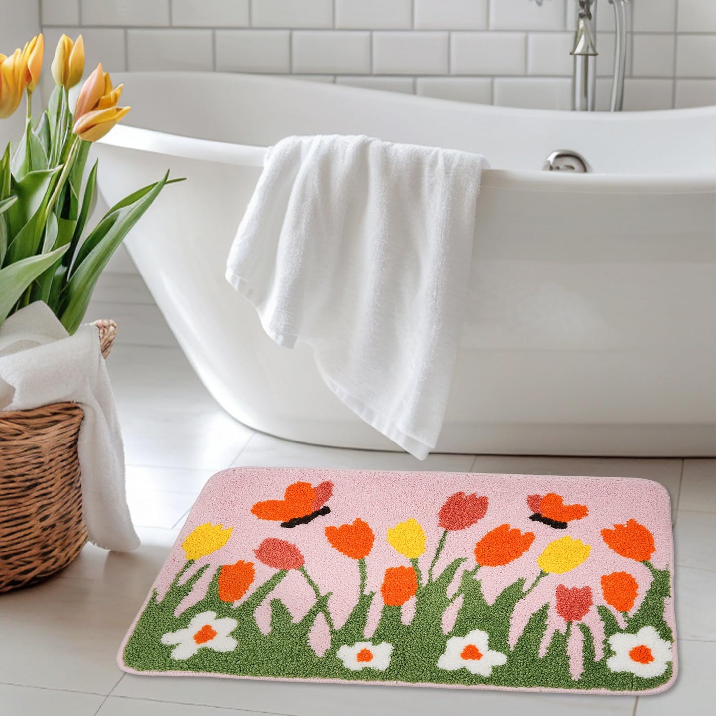 QIONG MENG Spring Bath Mat Flower Bathroom Rug Tulips Home Decor Indoor Bathroom Mat Doormats 17 x 27 Inch for Tub Home Living Room
