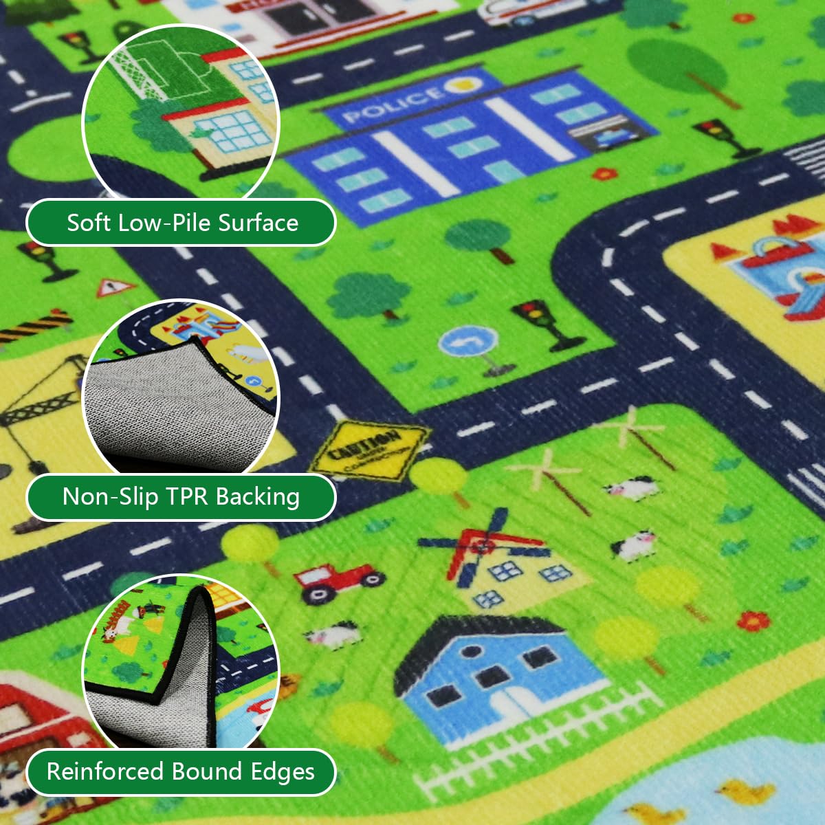 Road Rug for Kids 2×3 Ft - Car Track Road Map Play Mat, City Traffic Learning Carpet, Smooth Low-Pile with TPR Non-Slip Backing for Playroom