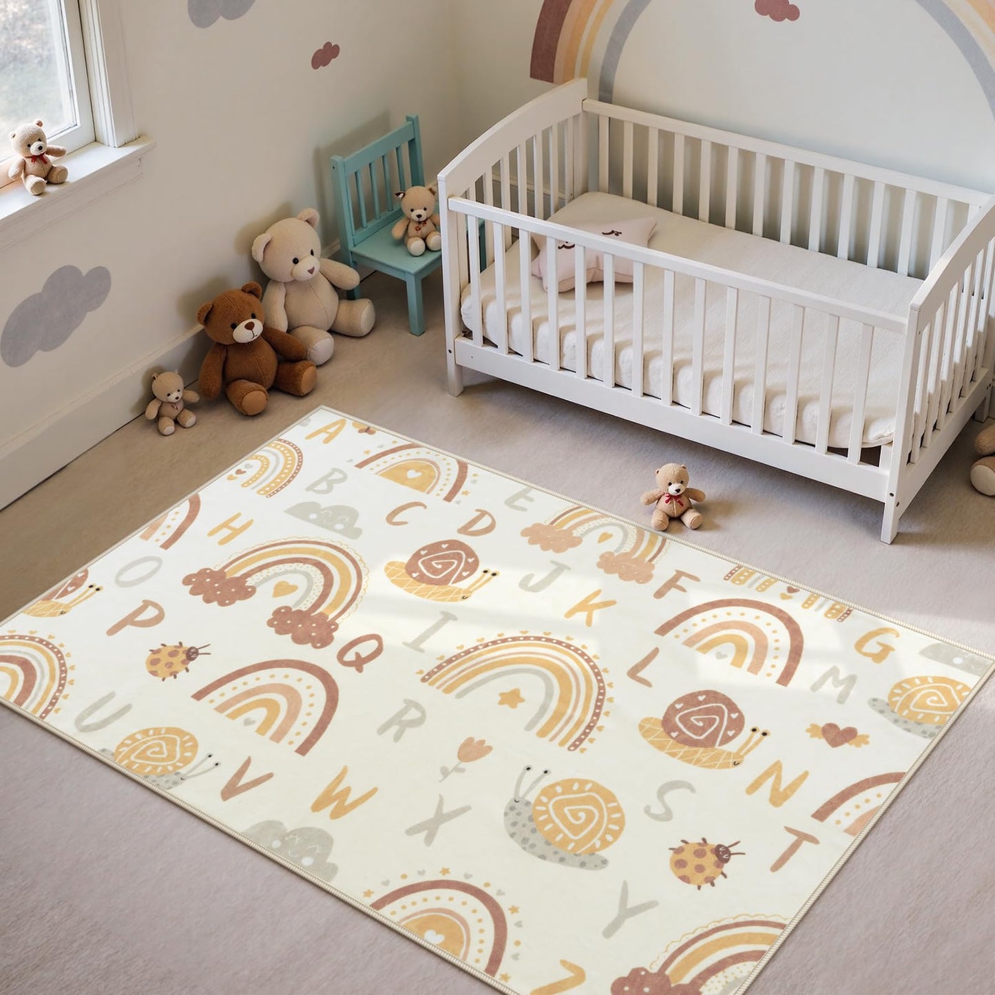 LIVEBOX Washable Kids Rug for Playroom, 3x5 Boho Rainbow Alphabet Rug for Kids Room, Non Slip Nursey Carpet Decor Rugs (Orange,3x5)