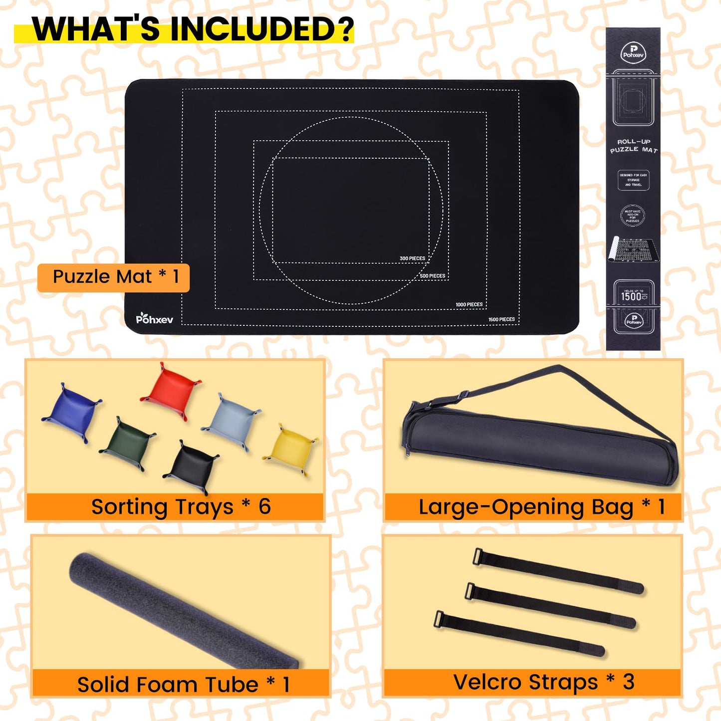 Pohxev Rubber Puzzle Mat Roll Up，Jigsaw Saver Pad Matt Rollup 46" x 26" Up to 1500 1000 500 Pieces, Upgraded Travel Storage Bag with 6 Sorting Trays Portable Keeper with Non-Slip Bottom.