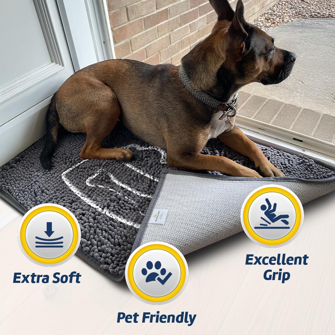 Muddy Mat® Pet Bowl Dog Door Embroidery Mat Super Absorbent Microfiber Indoor Outdoor mat for Muddy Paws, Non-Slip Washable Pet Rug, Quick Dry Chenille Entryway Carpet, Machine Washable – Grey 19”x30”