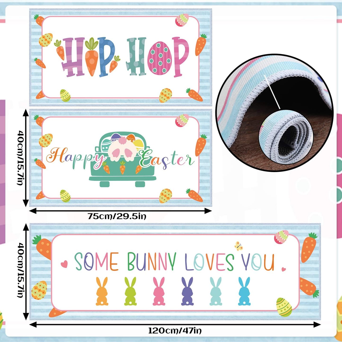 Amylove 3 Pcs Easter Kitchen Rug Easter Floor Mat Rabbits Bunny Eggs Hip Hop Rugs Decorative Spring Kitchen Mat Anti Slip for Home Bathroom Decoration, 47.2 x 15.8 Inch, 29.5 x 15.8 Inch