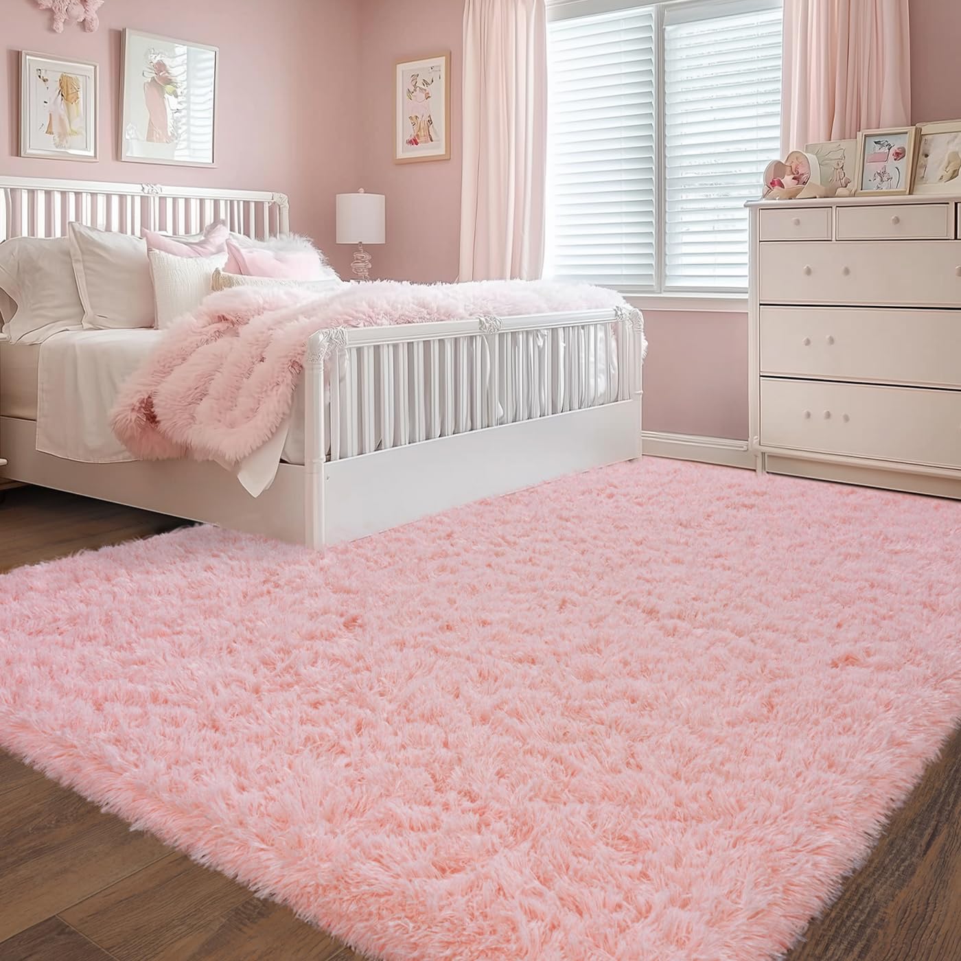Rezutan Ultra Soft Pink Rugs for Bedroom 8x10 Feet, Fluffy Shag Area Rugs for Living Room, Large Comfy Furry Rug for Girls Kids Baby Room Decor Teenage Pastel Princess Rug, Non Slip。