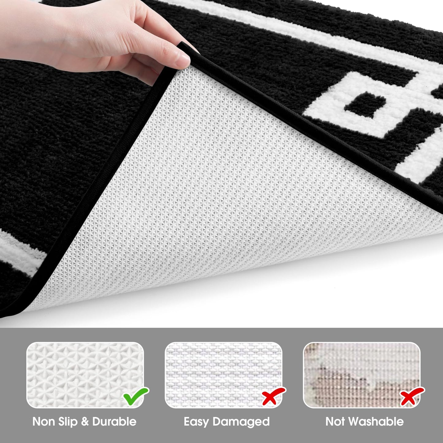 HOMEIDEAS 2 Piece Bathroom Rug Set, Ultra Soft Microfiber Bath Mats, Absorbent Non Slip Washable Rugs for Bathroom, Shower & Tub (Black, 16"x24"+20"x32")