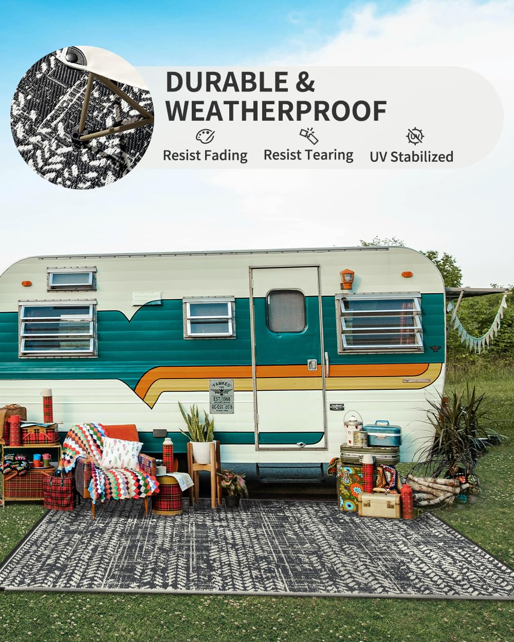MontVoo Outdoor Rug Waterproof-Patio Rug Mat 5x8 Outdoor RV Camping Picnic Beach Mat Plastic Straw Rugs Outside Outdoor Area Rugs for Balcony Deck Backyard Grey