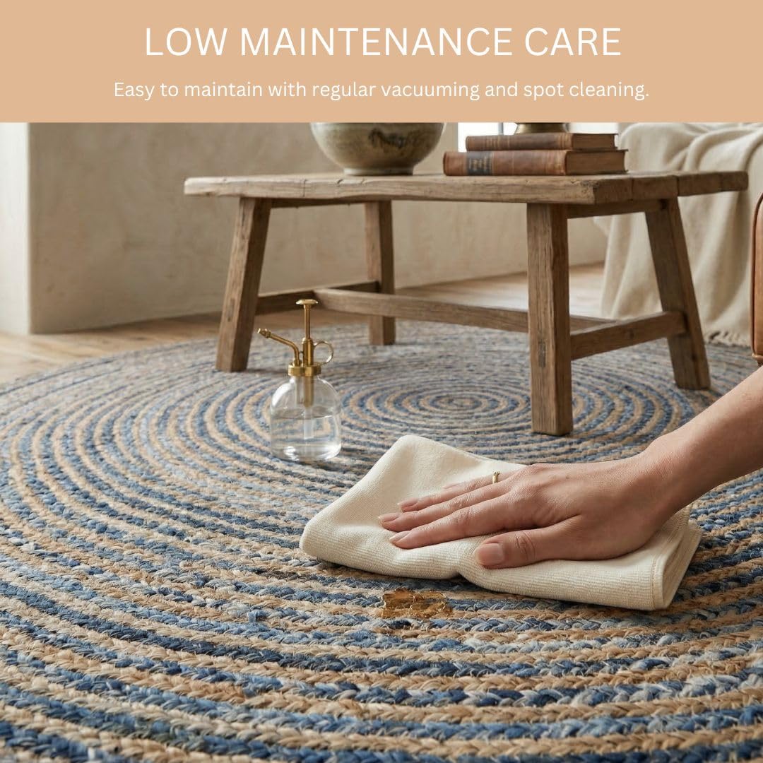 WeWove Hand Woven Area Rug 6 Feet Round - Jute Denim Area Rug Rustic Farmhouse Boho Accent Rug for Living Room Bedroom Kitchen Dorm Entryway Hallway - Handcrafted Floor Rug