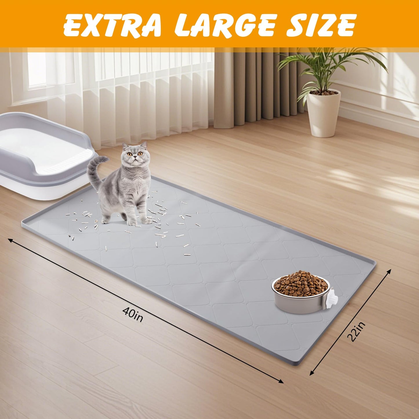 Large Cat Litter Mat, 40x22 In Cat Mat for Litter Box, Waterproof Silicone Pads for Feeding Floor Protection (Gray)