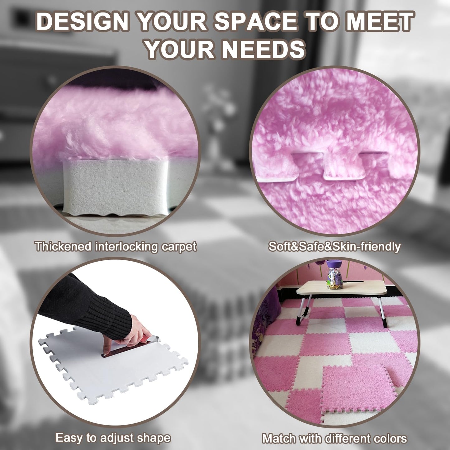 16 PCS Plush Interlocking Carpet Tiles, 0.6" Thick Soft Foam Floor Mat for Baby Crawling, Kids Playroom, Nursery, Bedroom, Living Room & Home Office, Non-Slip Puzzle Floor Tiles(11.8ft, Pink)