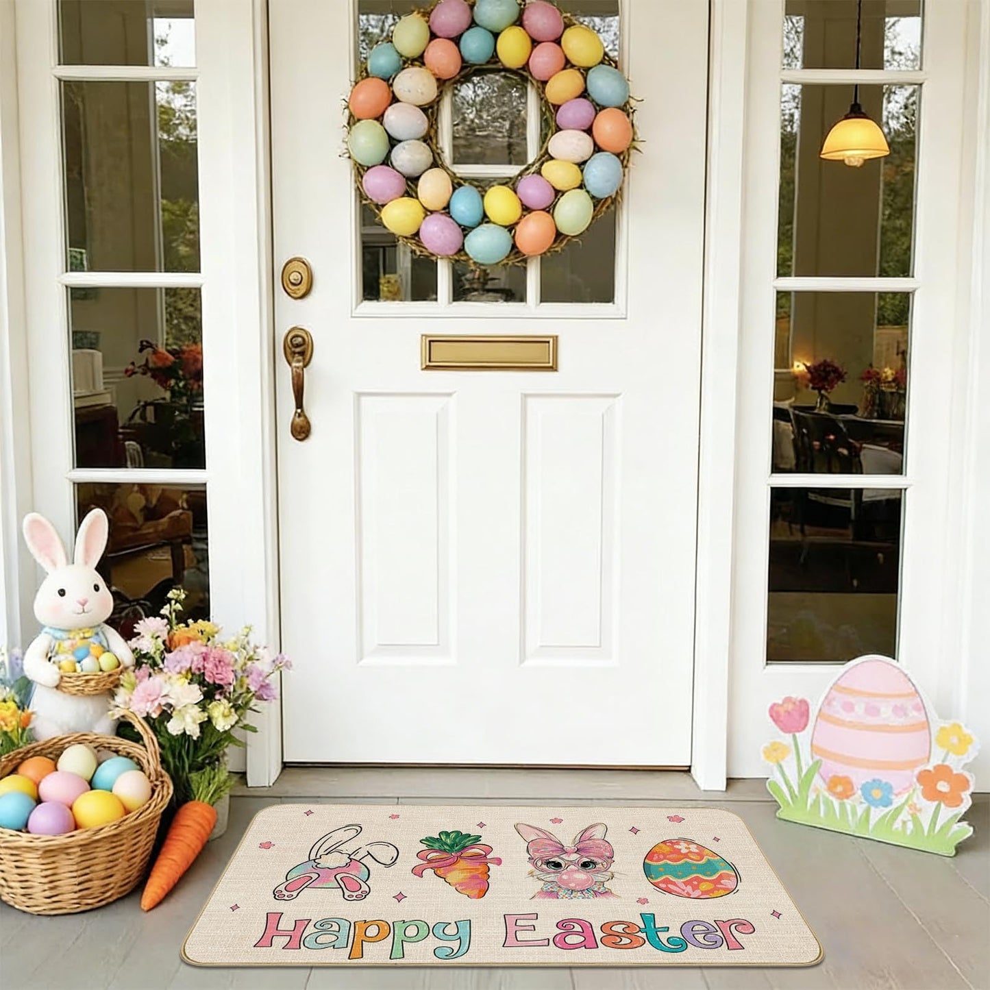 Mocsicka Easter Door Mat Bunny Eggs Welcome Doormat for Indoor Outdoor Spring Floor Mat Entry Welcome Rug Non-Slip Washable for Porch Front (Beige, 16x29inch)