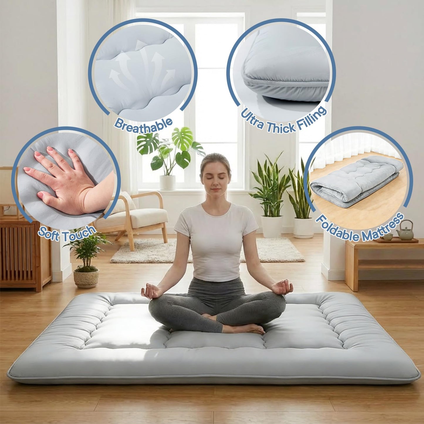 DUMOS Japanese Floor Mattress Twin Size, Futon Mattress Foldable with Removable Washable Cover, Portable Roll Up Tatami Mat for Kids Room, Dorm, Sleepovers and Solo Sleeper, Gray