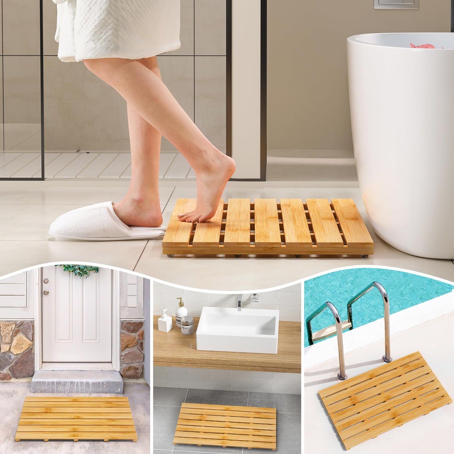 Domax Wooden Bamboo Bath Shower Mat- Non-Slip Waterproof Large Bathroom Floor Mat for Indoor Outdoor (Natural, 31.3 x 18.1 x 1.5 Inches)