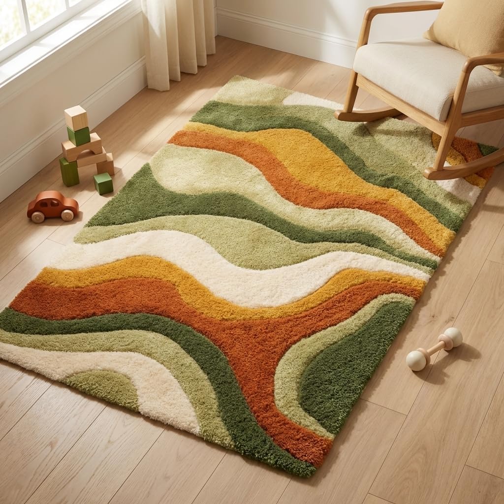 Hand Tufted Abstract Area Rug Wool Modern Wavy Pattern Carpet in Rust Orange Olive Green Cream for Living Room Bedroom Boho Decor Soft Plush Handmade Contemporary Floor Rug (2x2 ft / 60x60 cm)