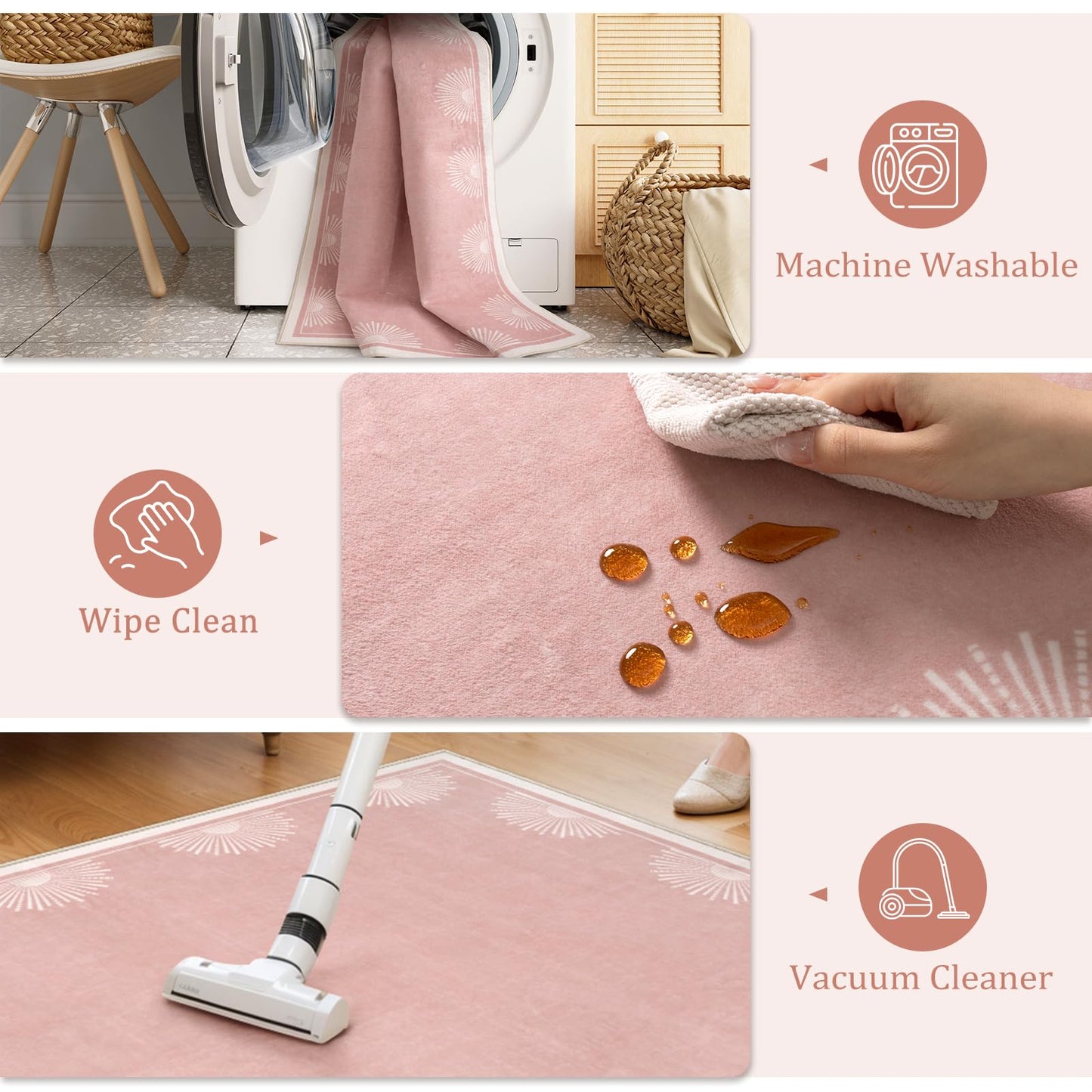 Hedlive Modern 3x5 Pink Rugs for Bedroom Girls,Ultra Thin Nursery Rug for Girls Room, Sun Printed Non Slip Washable Area Rug,Soft Non Shedding Throw Carpet for Playroom Classroom(3'x5',Pink)