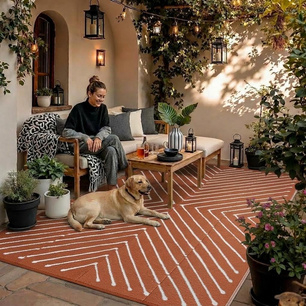Garvee 5x8 Striped Outdoor Waterproof Rug - Reversible Modern Striped Plastic Straw Patio Mat, Portable RV Camping Rug for Picnic, Beach, Balcony, Deck - UV Protected & Easy to Clean, Orange&White.