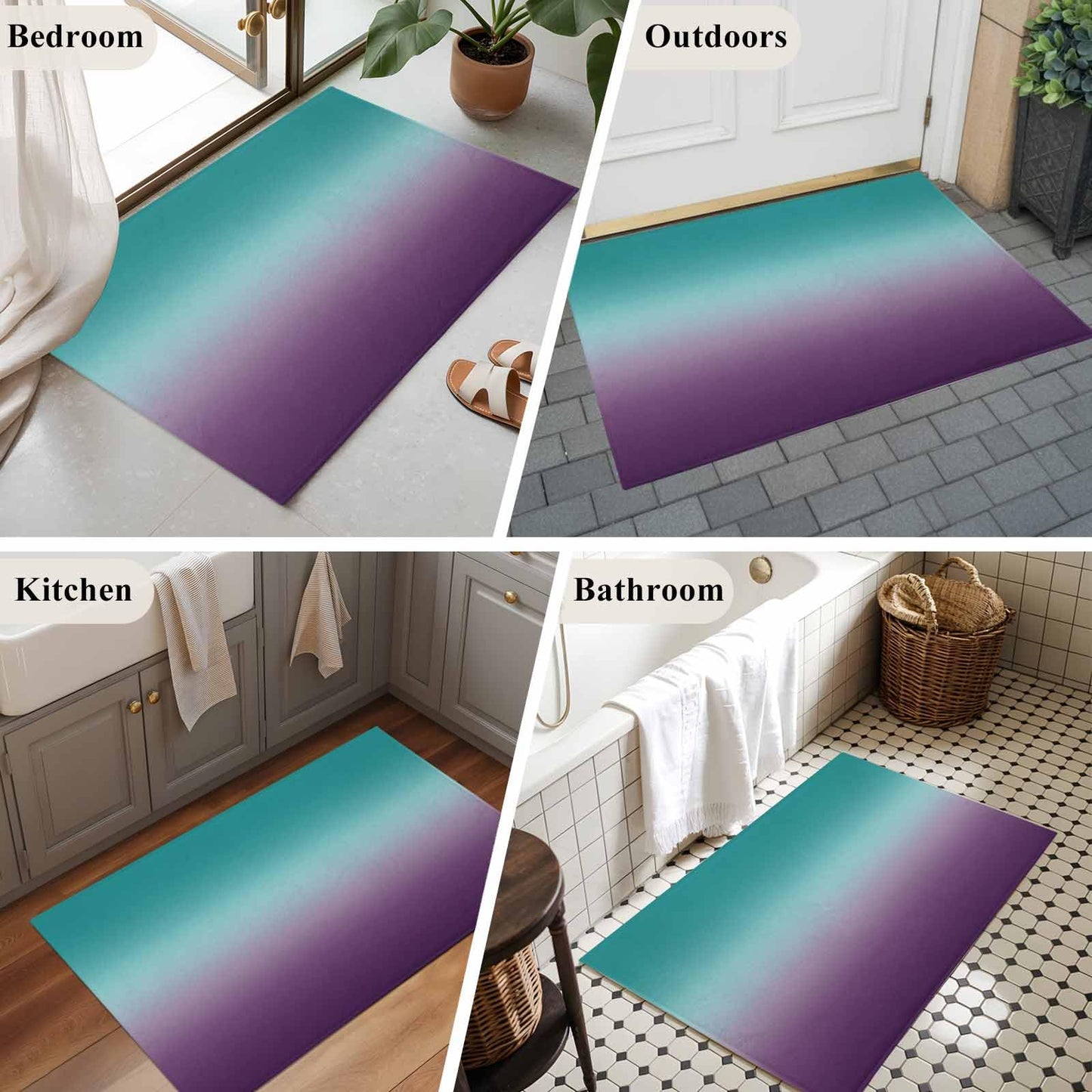 Teal Purple Ombre Doormat Bath Rug 2x3 Ft, Soft Small Bathroom Entrance Mat, Turquoise Gradient Modern Abstract Art Washable Non-Slip Indoor Outdoor Carpet for Entryway Front Door Sink