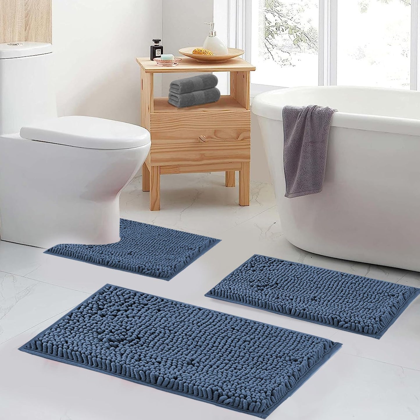 Blue Bathroom Rugs Chenille Bath Mats Set 3 Piece Extra Soft and Absorbent Shaggy Rugs, Machine Wash and Dry, Perfect Plush Bath Mats for Tub, Shower, Bathroom Decor, Washable Carpets Set