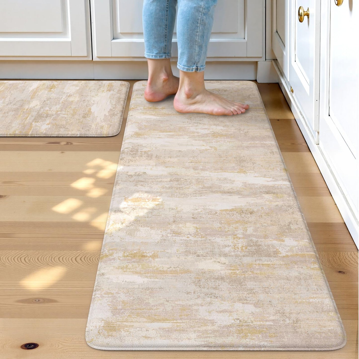 Collive Kitchen Mats Cushioned Anti Fatigue, Abstract Kitchens Floor Mat Non Slip Desk Rugs Waterproof, Beige Memory Foam Comfort Standing Rug for Sink, Home Decor, 17"x59"+17"x29"