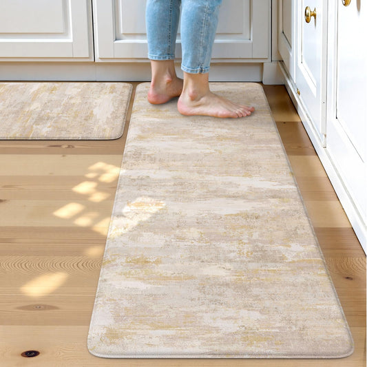 Collive Kitchen Mats Cushioned Anti Fatigue, Abstract Kitchens Floor Mat Non Slip Desk Rugs Waterproof, Beige Memory Foam Comfort Standing Rug for Sink, Home Decor, 17"x59"+17"x29"