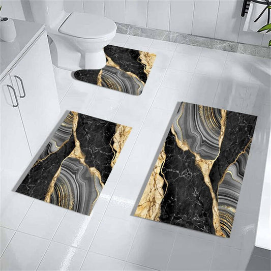 MUGINYU Black and Gold Rug for Bathroom Decor,Black and Gold Bathroom Rugs Sets 3 Piece,Marble Decor Thin Rubber Diatomaceous Earth Quick Dry Rugs with U-Shaped Contour Toilet Mat