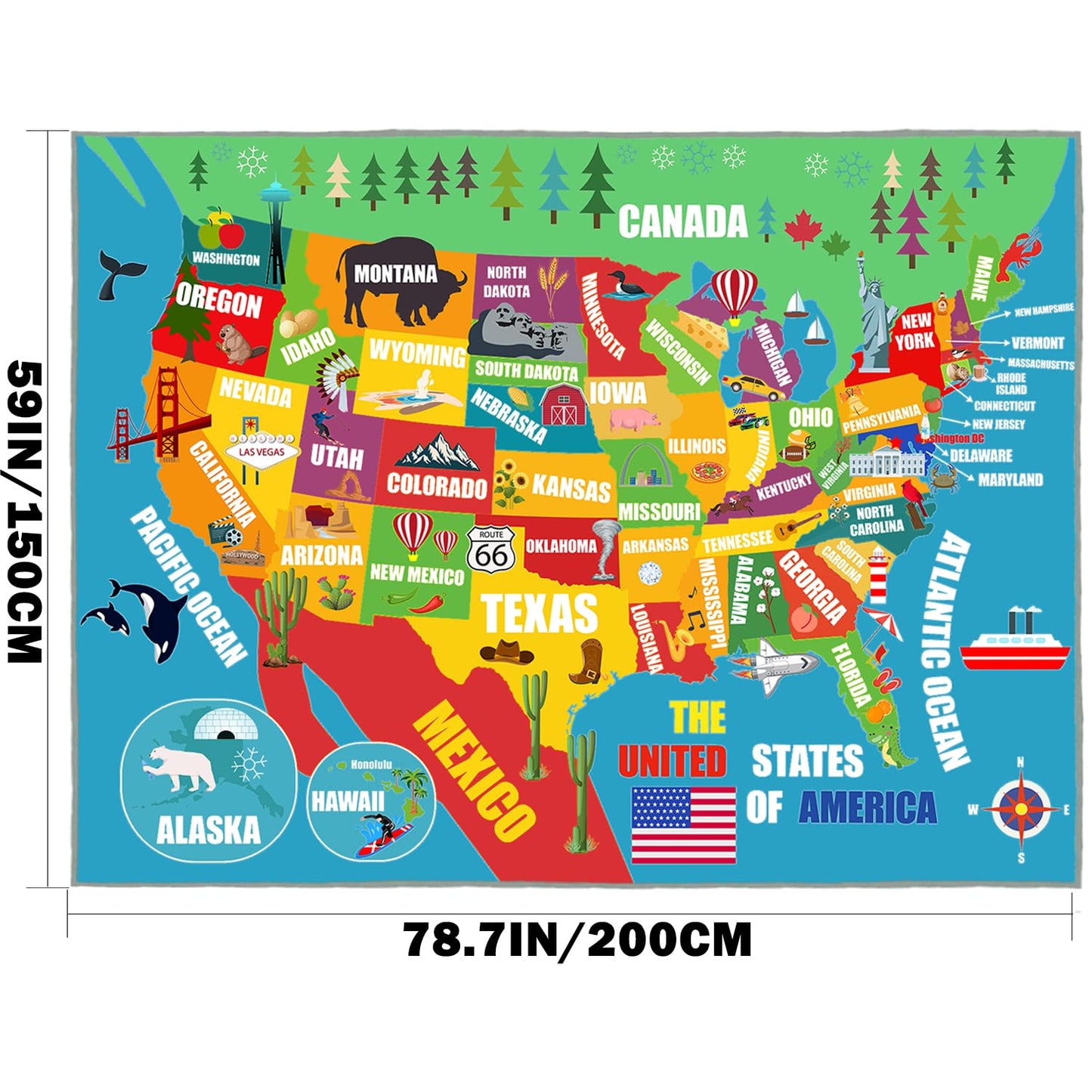 Kids Play Rug, USA United States Map Rugs Educational Play Mat Carpet Children Play Area Rug for Kids, Toddlers, Nursery, Classroom, Playroom, Baby Daycare