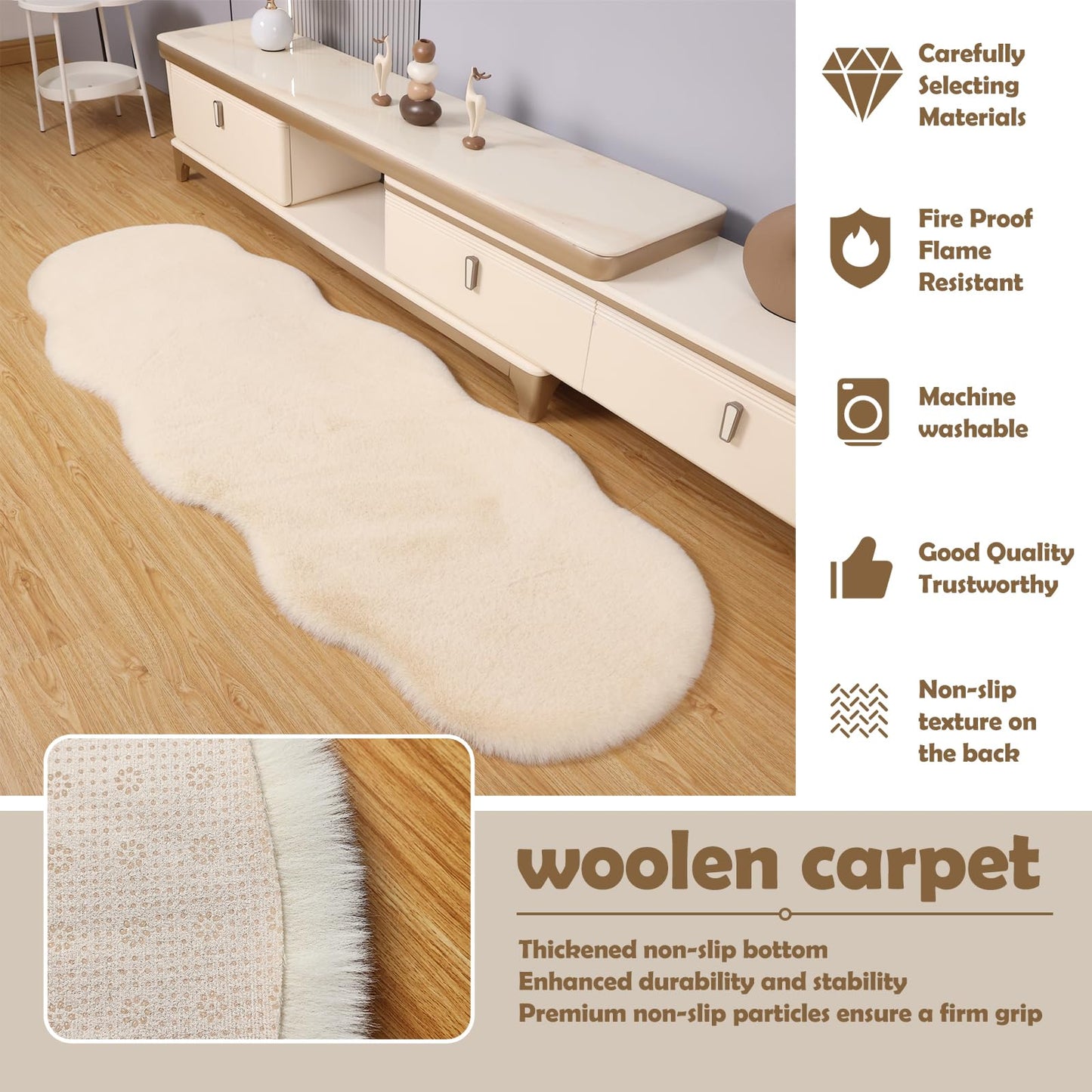LLSPW Fluffy Synthetic Rabbit Fur Area Rug Furry Floor mat Machine Washable Non-Slip Backing High Density Floor and Sofa Seat Cushions for Living Room White and Blue 2x6 ft
